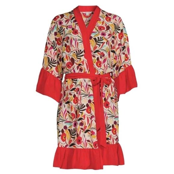 *NO BELT* The Pioneer M 8 10 Robe Kimono Red Floral Tropical Cover Up Lounge - Picture 1 of 8
